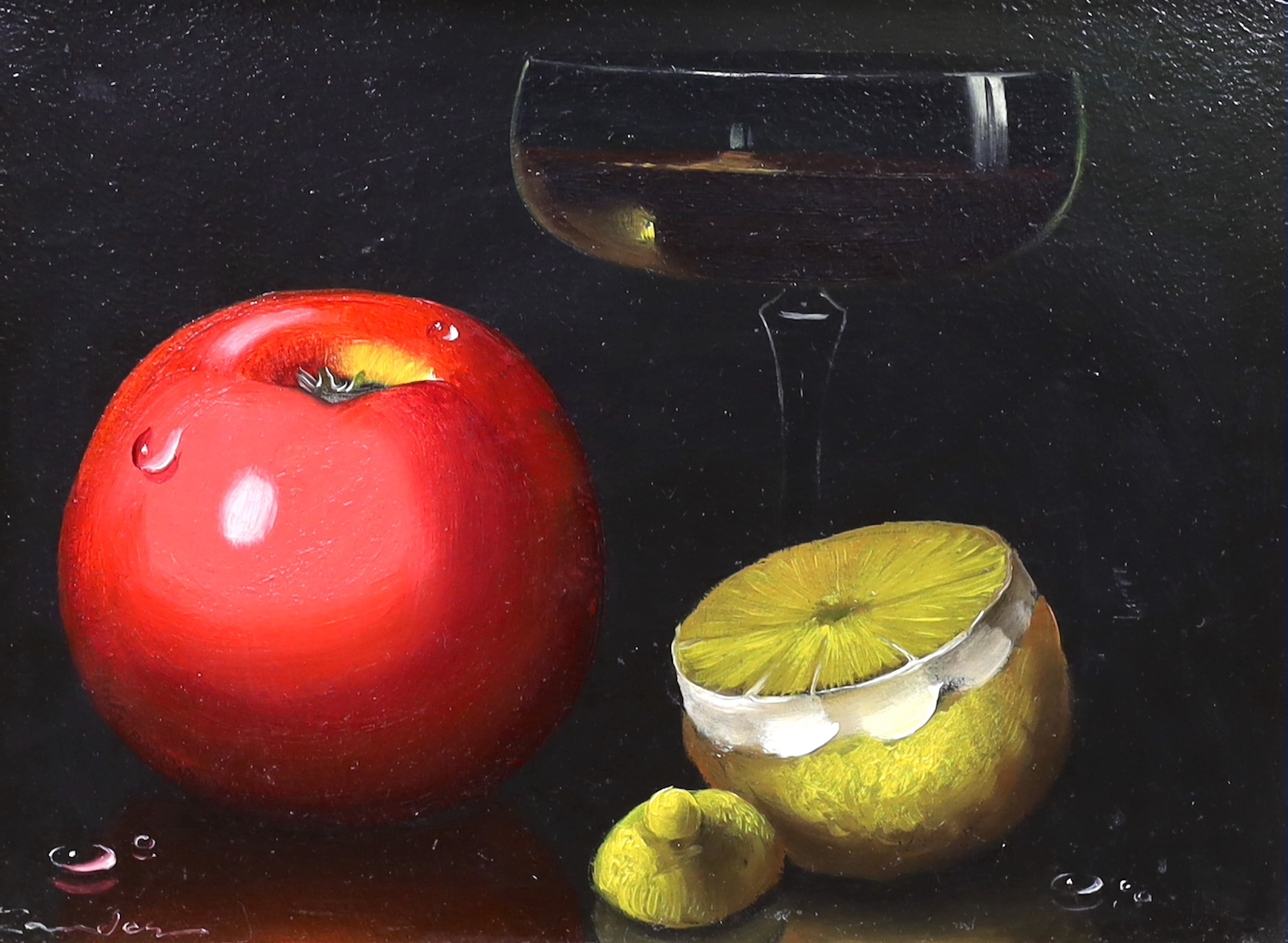 Dutch style, oil on board, Still life of fruit, indistinctly signed and inscribed verso, 14 x 18.5cm, ornate gilt frame